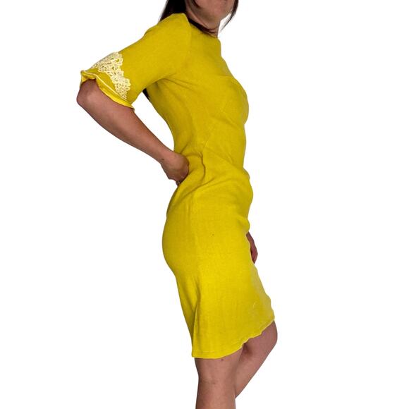 Vintage 1960s Lime Green Shift Dress Stacy Ames Lace Trim Linen Metal Zipper - Picture 7 of 12